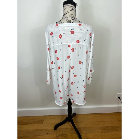 Maurices Semi Sheer white and red floral long sleeve V-neck Blouse - Picture 2 of 12